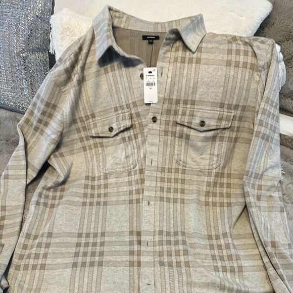 NWT EXPRESS Grid Plaid Double Pocket Sweater Flannel Shirt - Picture 7 of 10